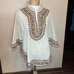 Veloso's Gift Shop Embroidered Boho‎ Peasant Blouse Brwon Tan Size 14